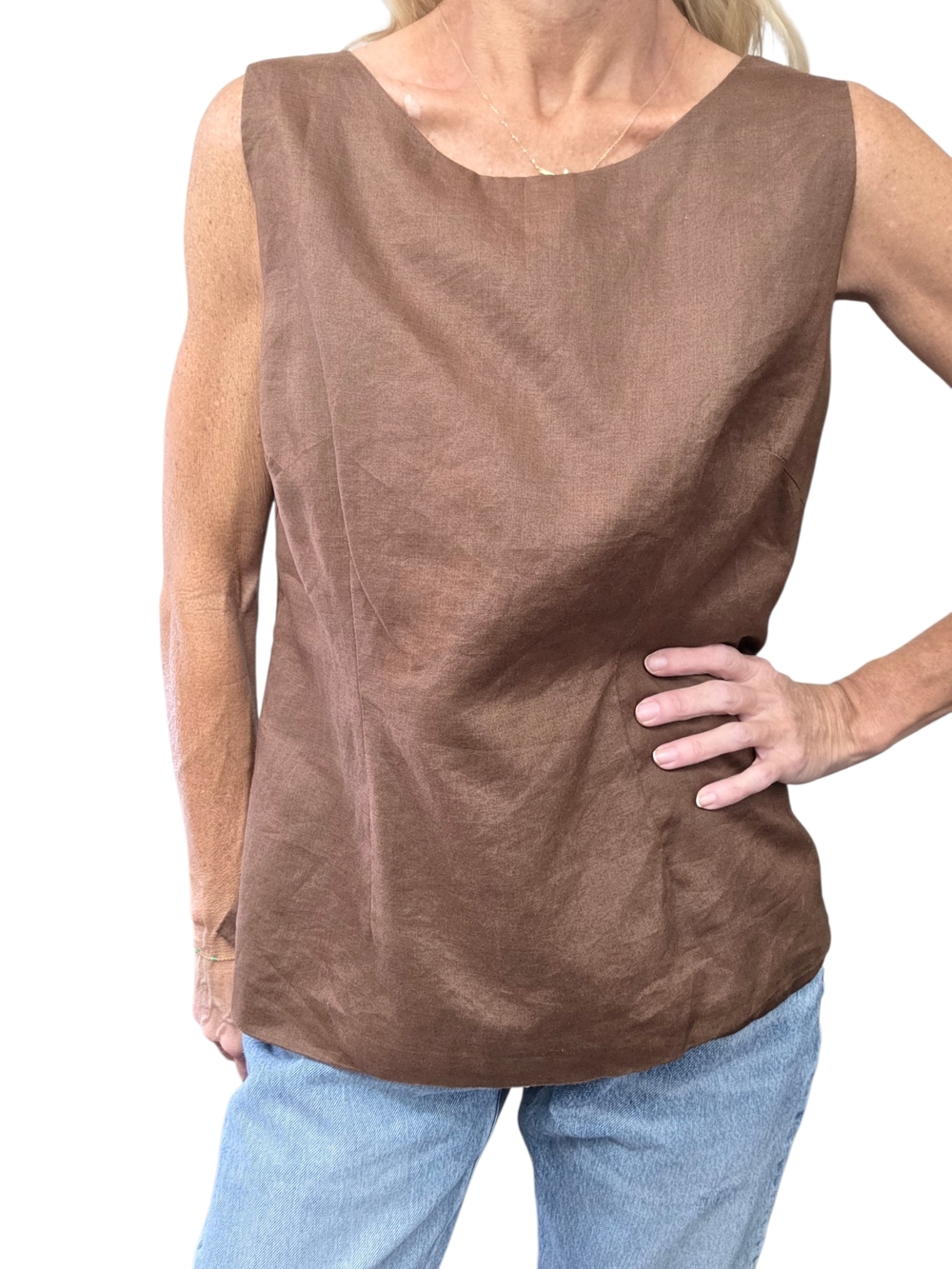 Lino USA 100% Linen Tank Top Brown Minimalist Sleeveless Blouse S